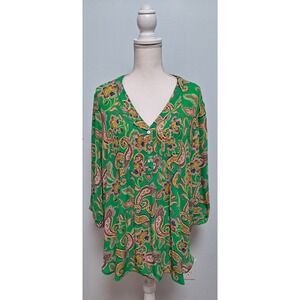 Rose & Olive 3/4 Puff Sleeve Silky Pleated Button Up Paisley Tunic-2X-Office